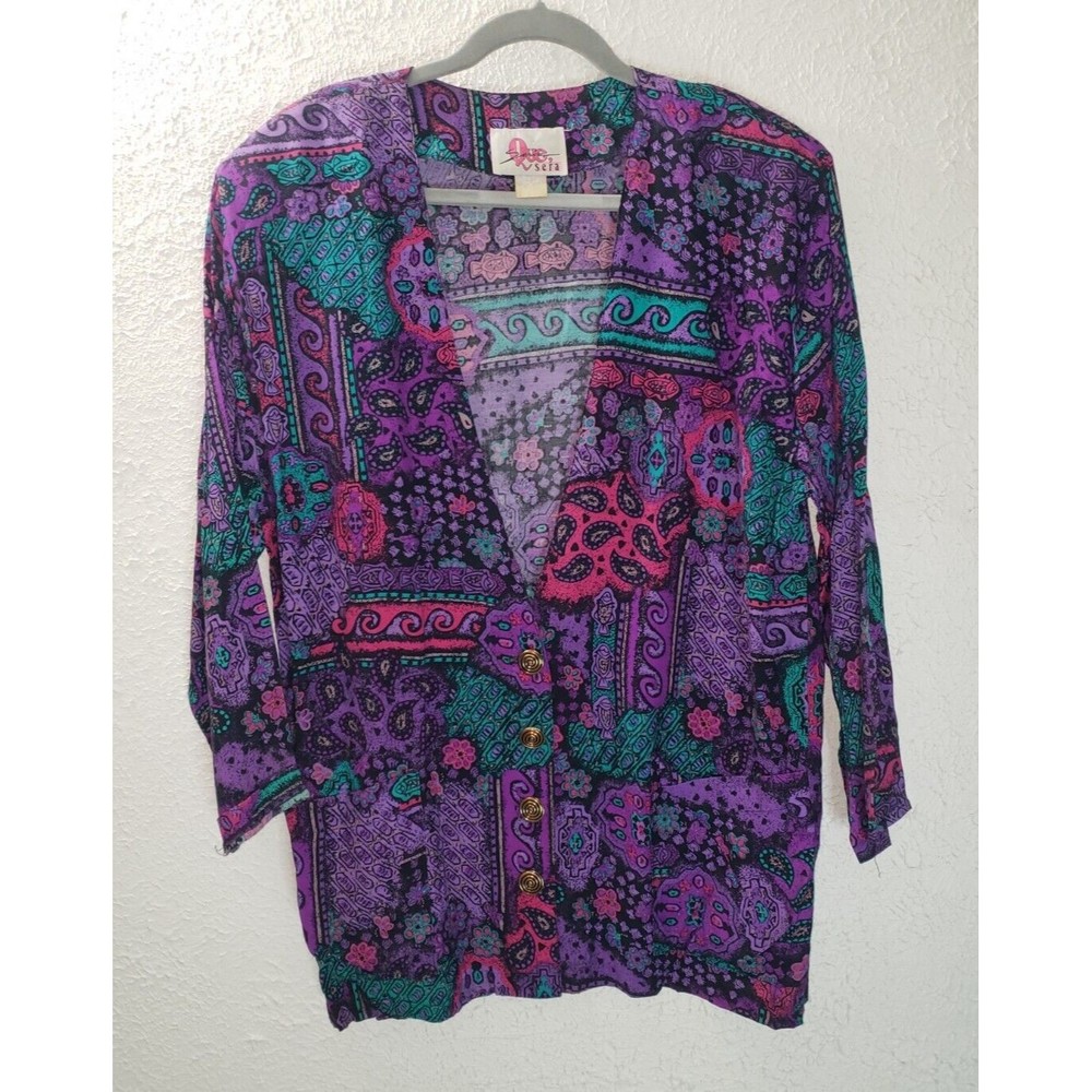 Que Sera Colorful Retro Jacket Women's Purple Abstract Button Front Blazer Sz L